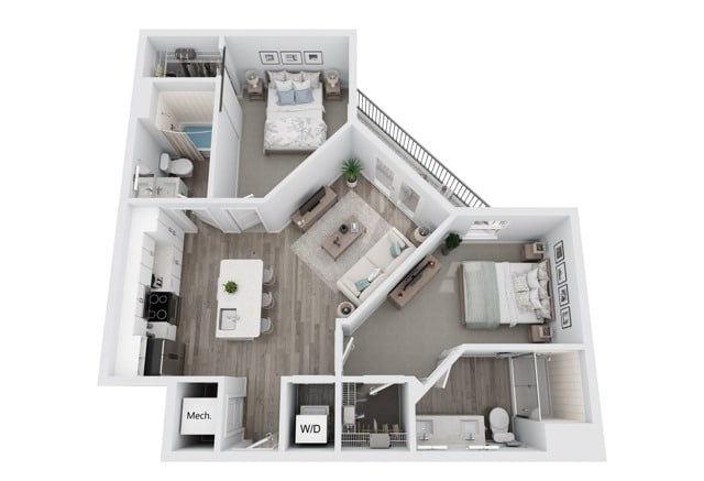 A 3D image of the B2 floorplan, a 917 squarefoot, 2 bed / 2 bath unit