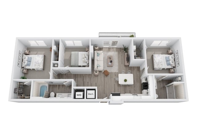 A 3D image of the C1 floorplan, a 1173 squarefoot, 3 bed / 2 bath unit